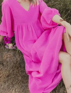 New Women's Pink Orange Rose Red Summer Spring Maxi Dress Linen-Inspired Dresses Casual Dress Basic Modern Daily Weekend Loose Fit Plain V Neck Women Dresses
