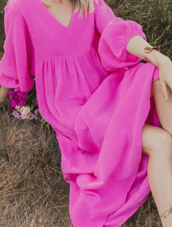 New Women's Pink Orange Rose Red Summer Spring Maxi Dress Linen-Inspired Dresses Casual Dress Basic Modern Daily Weekend Loose Fit Plain V Neck Women Dresses