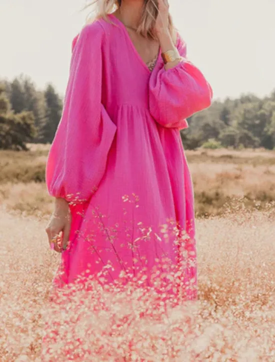 New Women's Pink Orange Rose Red Summer Spring Maxi Dress Linen-Inspired Dresses Casual Dress Basic Modern Daily Weekend Loose Fit Plain V Neck Women Dresses