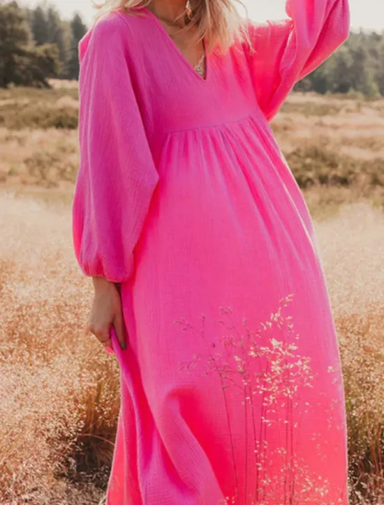 New Women's Pink Orange Rose Red Summer Spring Maxi Dress Linen-Inspired Dresses Casual Dress Basic Modern Daily Weekend Loose Fit Plain V Neck Women Dresses