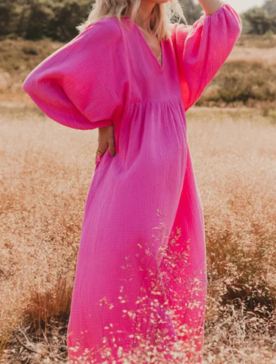 New Women's Pink Orange Rose Red Summer Spring Maxi Dress Linen-Inspired Dresses Casual Dress Basic Modern Daily Weekend Loose Fit Plain V Neck Women Dresses
