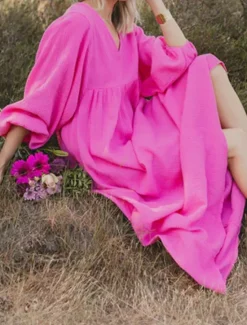 New Women's Pink Orange Rose Red Summer Spring Maxi Dress Linen-Inspired Dresses Casual Dress Basic Modern Daily Weekend Loose Fit Plain V Neck Women Dresses