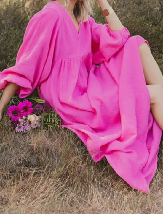 New Women's Pink Orange Rose Red Summer Spring Maxi Dress Linen-Inspired Dresses Casual Dress Basic Modern Daily Weekend Loose Fit Plain V Neck Women Dresses