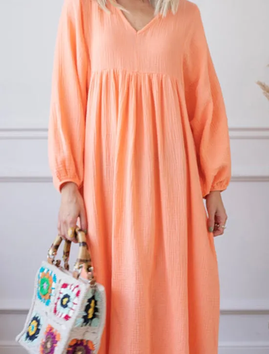 New Women's Pink Orange Rose Red Summer Spring Maxi Dress Linen-Inspired Dresses Casual Dress Basic Modern Daily Weekend Loose Fit Plain V Neck Women Dresses