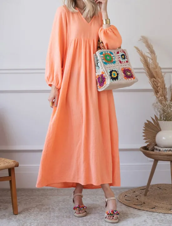 New Women's Pink Orange Rose Red Summer Spring Maxi Dress Linen-Inspired Dresses Casual Dress Basic Modern Daily Weekend Loose Fit Plain V Neck Women Dresses