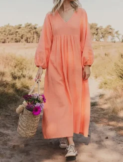 New Women's Pink Orange Rose Red Summer Spring Maxi Dress Linen-Inspired Dresses Casual Dress Basic Modern Daily Weekend Loose Fit Plain V Neck Women Dresses