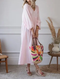 New Women's Pink Orange Rose Red Summer Spring Maxi Dress Linen-Inspired Dresses Casual Dress Basic Modern Daily Weekend Loose Fit Plain V Neck Women Dresses