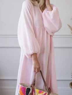 New Women's Pink Orange Rose Red Summer Spring Maxi Dress Linen-Inspired Dresses Casual Dress Basic Modern Daily Weekend Loose Fit Plain V Neck Women Dresses