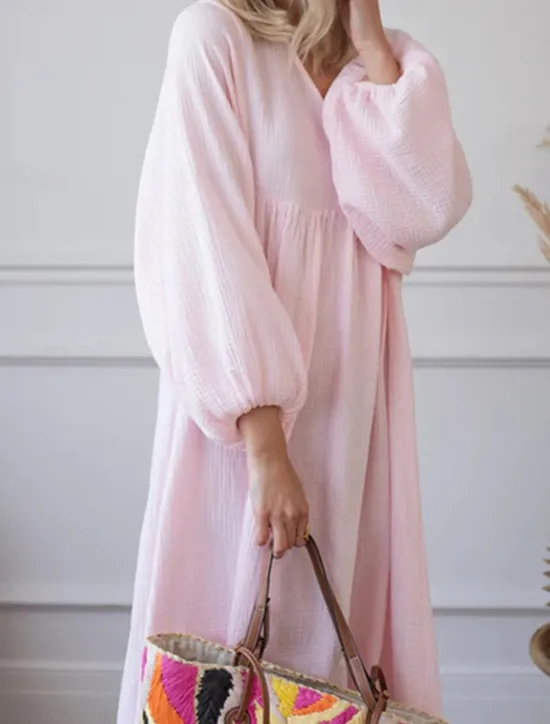 New Women's Pink Orange Rose Red Summer Spring Maxi Dress Linen-Inspired Dresses Casual Dress Basic Modern Daily Weekend Loose Fit Plain V Neck Women Dresses