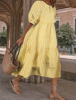 Clearance Women's Plaid Dress Casual Dress Plaid Print Crew Neck Midi Dress Vacation Half Sleeve Summer Women Vacation Dresses