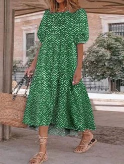 Clearance Women's Plaid Dress Casual Dress Plaid Print Crew Neck Midi Dress Vacation Half Sleeve Summer Women Vacation Dresses