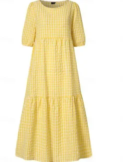 Clearance Women's Plaid Dress Casual Dress Plaid Print Crew Neck Midi Dress Vacation Half Sleeve Summer Women Vacation Dresses