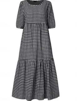 Clearance Women's Plaid Dress Casual Dress Plaid Print Crew Neck Midi Dress Vacation Half Sleeve Summer Women Vacation Dresses