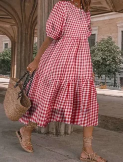 Clearance Women's Plaid Dress Casual Dress Plaid Print Crew Neck Midi Dress Vacation Half Sleeve Summer Women Vacation Dresses