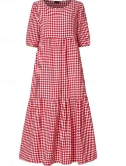 Clearance Women's Plaid Dress Casual Dress Plaid Print Crew Neck Midi Dress Vacation Half Sleeve Summer Women Vacation Dresses