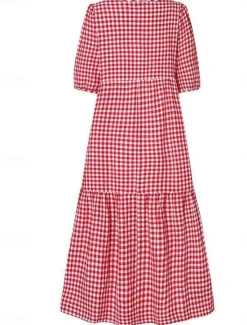 Clearance Women's Plaid Dress Casual Dress Plaid Print Crew Neck Midi Dress Vacation Half Sleeve Summer Women Vacation Dresses