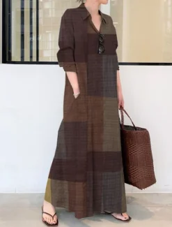 Discount Women's Plaid Shirt Collar Maxi Dress Long Sleeve Spring Fall Women Vacation Dresses
