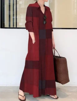 Discount Women's Plaid Shirt Collar Maxi Dress Long Sleeve Spring Fall Women Vacation Dresses