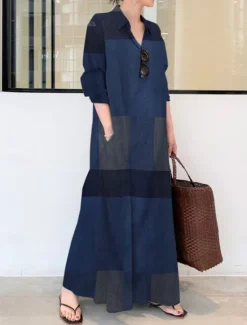 Discount Women's Plaid Shirt Collar Maxi Dress Long Sleeve Spring Fall Women Vacation Dresses