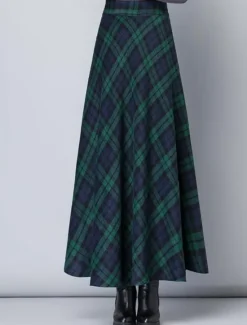Women's Plaid U Neck Long Dress Maxi Dress Fall Winter Women Skirts