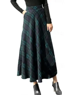 Women's Plaid U Neck Long Dress Maxi Dress Fall Winter Women Skirts