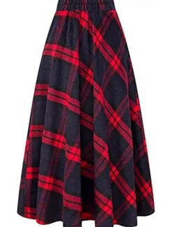 Women's Plaid U Neck Long Dress Maxi Dress Fall Winter Women Skirts