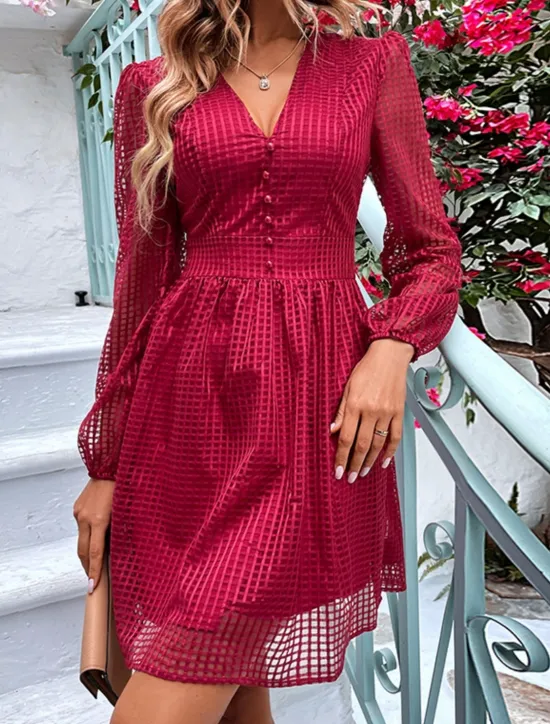 Women's Plaid V Neck Mini Dress Long Sleeve Summer Spring Women Work Dresses
