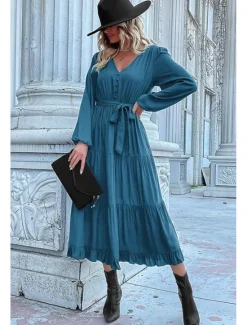 Clearance Women's Plain Dress Maxi Dress Lace up Ruched Casual V Neck Long Sleeve Blue Orange Green Color Women Work Dresses