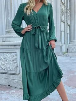 Clearance Women's Plain Dress Maxi Dress Lace up Ruched Casual V Neck Long Sleeve Blue Orange Green Color Women Work Dresses