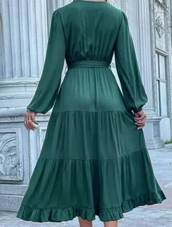 Clearance Women's Plain Dress Maxi Dress Lace up Ruched Casual V Neck Long Sleeve Blue Orange Green Color Women Work Dresses