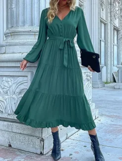 Clearance Women's Plain Dress Maxi Dress Lace up Ruched Casual V Neck Long Sleeve Blue Orange Green Color Women Work Dresses