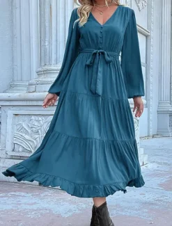 Clearance Women's Plain Dress Maxi Dress Lace up Ruched Casual V Neck Long Sleeve Blue Orange Green Color Women Work Dresses