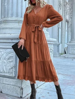 Clearance Women's Plain Dress Maxi Dress Lace up Ruched Casual V Neck Long Sleeve Blue Orange Green Color Women Work Dresses