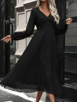 Clearance Women's Plain Dress Midi Dress Mesh Patchwork Elegant Vintage V Neck Long Sleeve Black Blue Color Women Work Dresses