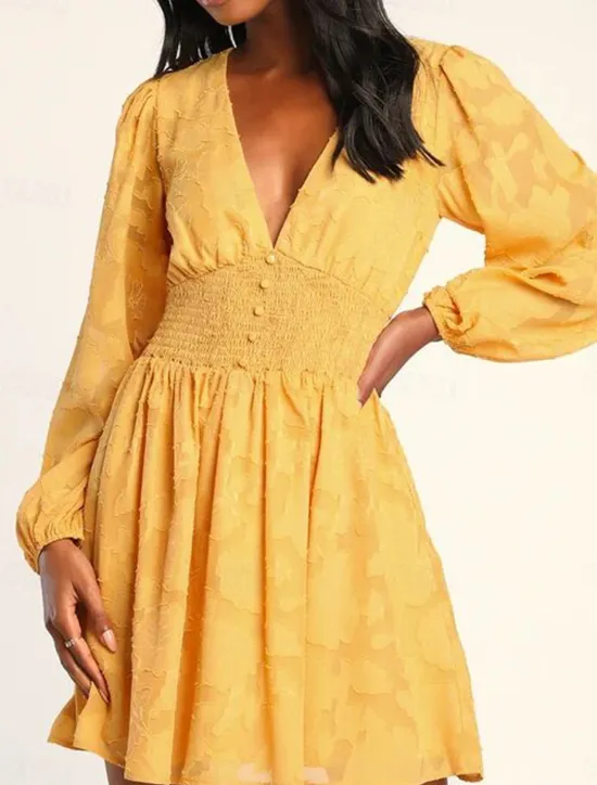 Best Women's Plain Dress Mini Dress Mesh Patchwork Date Elegant Casual V Neck Long Sleeve Lantern Sleeve White Yellow Light Green Color Women White Dresses