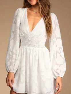 Best Women's Plain Dress Mini Dress Mesh Patchwork Date Elegant Casual V Neck Long Sleeve Lantern Sleeve White Yellow Light Green Color Women White Dresses