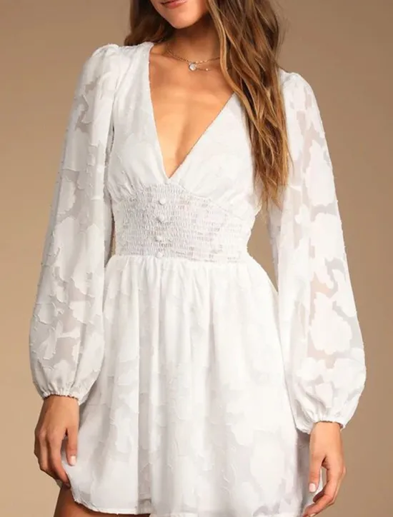 Best Women's Plain Dress Mini Dress Mesh Patchwork Date Elegant Casual V Neck Long Sleeve Lantern Sleeve White Yellow Light Green Color Women White Dresses