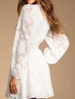 Best Women's Plain Dress Mini Dress Mesh Patchwork Date Elegant Casual V Neck Long Sleeve Lantern Sleeve White Yellow Light Green Color Women White Dresses