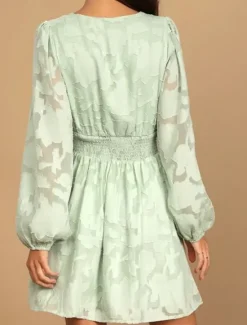Best Women's Plain Dress Mini Dress Mesh Patchwork Date Elegant Casual V Neck Long Sleeve Lantern Sleeve White Yellow Light Green Color Women White Dresses