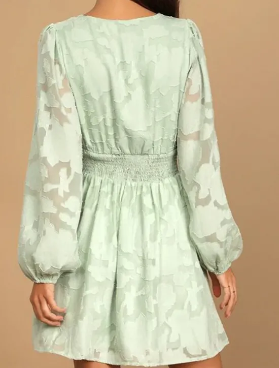 Best Women's Plain Dress Mini Dress Mesh Patchwork Date Elegant Casual V Neck Long Sleeve Lantern Sleeve White Yellow Light Green Color Women White Dresses