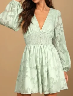 Best Women's Plain Dress Mini Dress Mesh Patchwork Date Elegant Casual V Neck Long Sleeve Lantern Sleeve White Yellow Light Green Color Women White Dresses