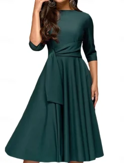 New Women's Pleated Black Dress Midi Dress Elegant Plain Crew Neck 3/4 Length Sleeve Daily Deep Green Navy Women Cocktail Dress