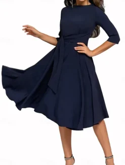 New Women's Pleated Black Dress Midi Dress Elegant Plain Crew Neck 3/4 Length Sleeve Daily Deep Green Navy Women Cocktail Dress