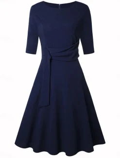 New Women's Pleated Black Dress Midi Dress Elegant Plain Crew Neck 3/4 Length Sleeve Daily Deep Green Navy Women Cocktail Dress