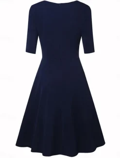 New Women's Pleated Black Dress Midi Dress Elegant Plain Crew Neck 3/4 Length Sleeve Daily Deep Green Navy Women Cocktail Dress