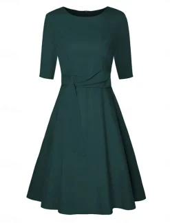 New Women's Pleated Black Dress Midi Dress Elegant Plain Crew Neck 3/4 Length Sleeve Daily Deep Green Navy Women Cocktail Dress