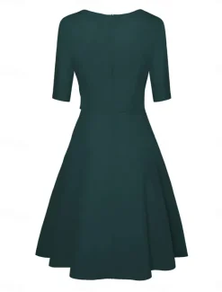 New Women's Pleated Black Dress Midi Dress Elegant Plain Crew Neck 3/4 Length Sleeve Daily Deep Green Navy Women Cocktail Dress