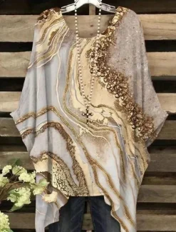 Online Women's Plus Size Blouse Chiffon Basic Casual Print Dolman Sleeve Crew Neck Vacation Daily Spring Fall Women Chiffon Tops