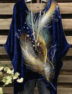 Hot Women's Plus Size Blouse Chiffon Vintage Holiday Casual Print Dolman Sleeve 3/4 Length Sleeve Crew Neck Daily Weekend Black Dark Blue Summer Spring Fall Women Chiffon Tops