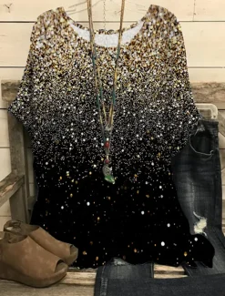 New Women's Plus Size Blouse Chiffon Vintage Streetwear Casual Print Dolman Sleeve Half Sleeve Regular Tops Crew Neck Vacation Daily Going out Black Light Green Gold Green Summer Spring Women Blouses & Shirts|Chiffon Tops